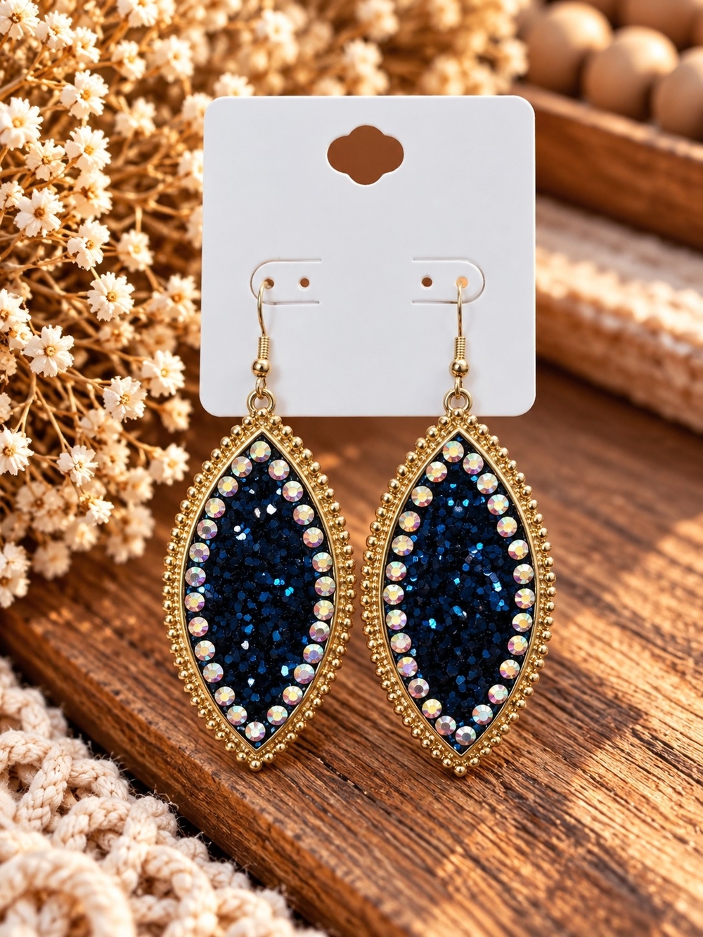 Navy Blue Glitter Marquise Statement Earrings – Gold Tone